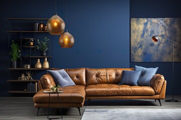 stylist and royal Interior of cozy modern living room with sofa against blank