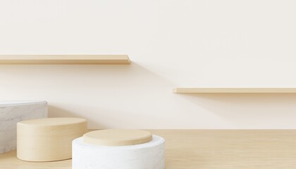 3d rendering of wooden podium abstract geometric minimal background. Scene for advertising, cosmetic, technology, showcase, food, banner, fashion, business, sport, game. Illustration. Product display