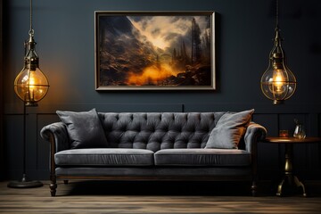 stylist and royal Lamp hanging above couch, space for text, photographic