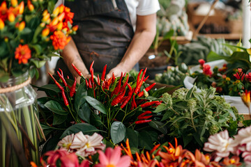 Fototapeta na wymiar arranging these colorful chili and vegetables, day in the life of a vegetable market