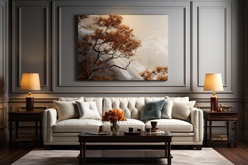 stylist and royal Living room in beige tones with a sofa, a floor lamp, a wooden table and a gold side table