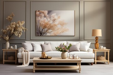stylist and royal Living room in beige tones with a sofa, a floor lamp, a wooden table and a gold side table - obrazy, fototapety, plakaty