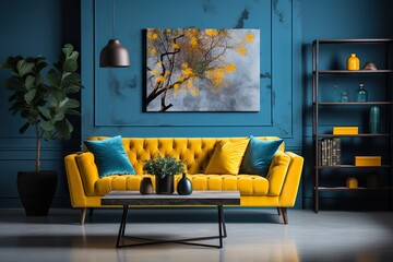 stylist and royal Living room with blue sofa and yellow armchair, space for text, photographic