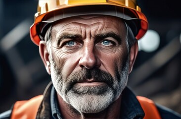 An elderly male worker miner in a uniform and helmet, portrait against the background of a mine
