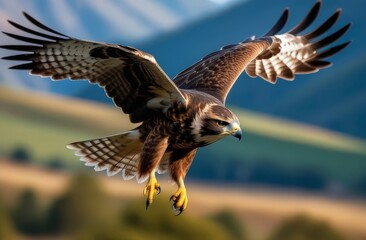 Fototapeta premium Bird of prey hawk in flight against the background of nature in its natural habitat