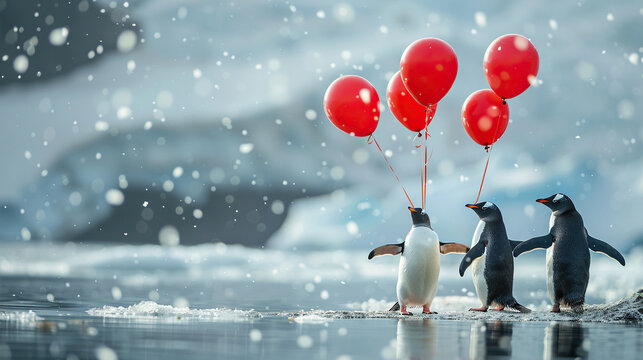 penguins with red balloons in snow World penguin day April 25, Penguin Awareness Day Good for banner, poster, greeting card, party card, invitation, template, advertising, campaign, and social media.