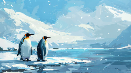 penguins in snow World penguin day April 25, Penguin Awareness Day Good for banner, poster, greeting card, party card, invitation, template, advertising, campaign, and social media. - obrazy, fototapety, plakaty