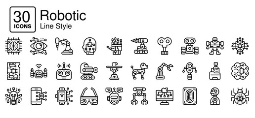 Robotic icons in outline style. Collection of Robotic, Technology, AI, Futuristic Icon set in Line Style. Simple vector editable stroke, easy to use	