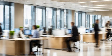 An office scene with motion blur capturing people in the background