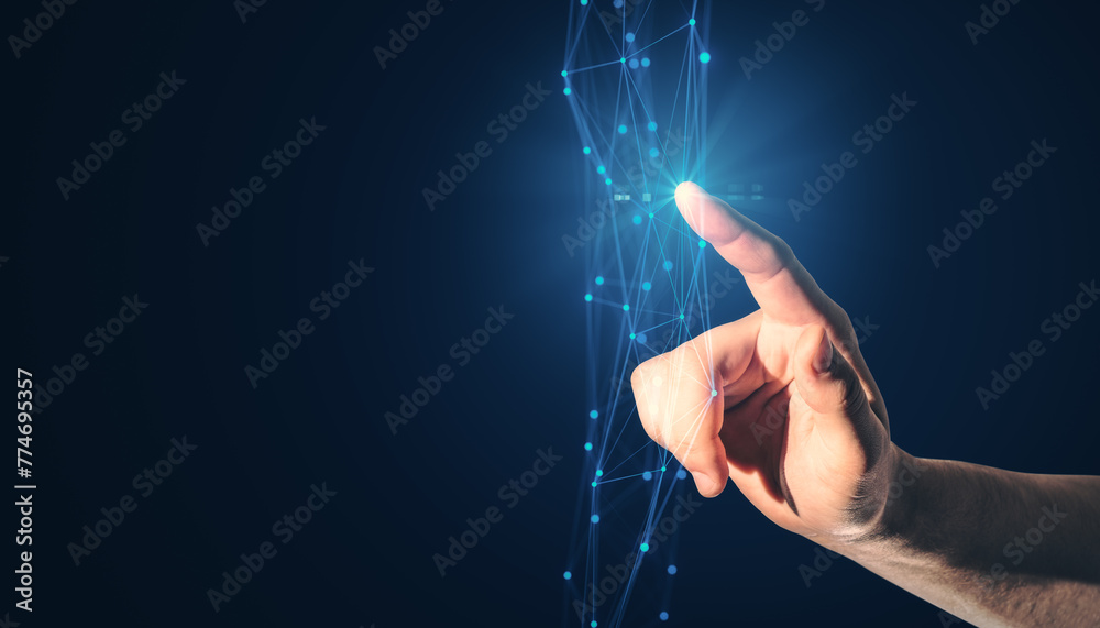 Poster close up of businessman hand pointing at creative polygonal interface. business screen, push and sel