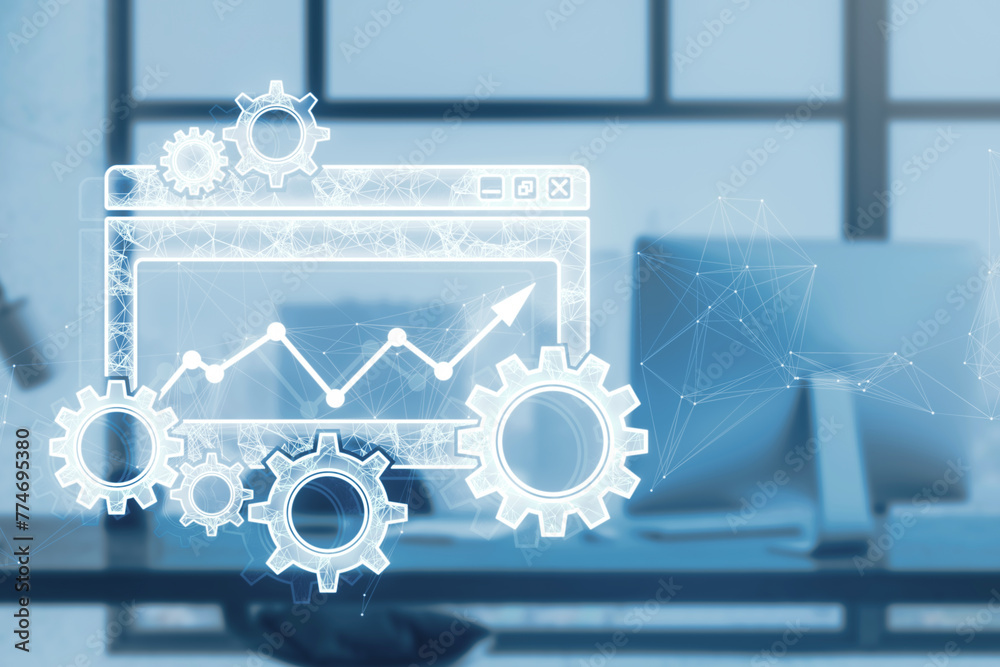 Poster Close up of office workplace with digital folder with cogs, mesh and arrows on blurry backdrop. Project Management icon, data management, folder, project goals, task management concept. 3D Rendering.
