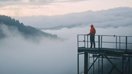 A construction worker stands on an elevated platform, overseeing a foggy industrial site, ensuring safety and project progress. AIG41 - obrazy, fototapety, plakaty