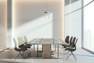 Contemporary glass meeting room interior with panoramic window and city view. 3D Rendering.