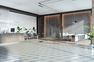 Contemporary glass meeting room interior. 3D Rendering.