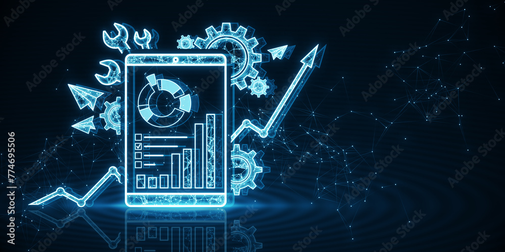 Poster Creative polygonal interface with cogs and business chart. Project management, maintenance tool and online finance system concept. 3D Rendering.