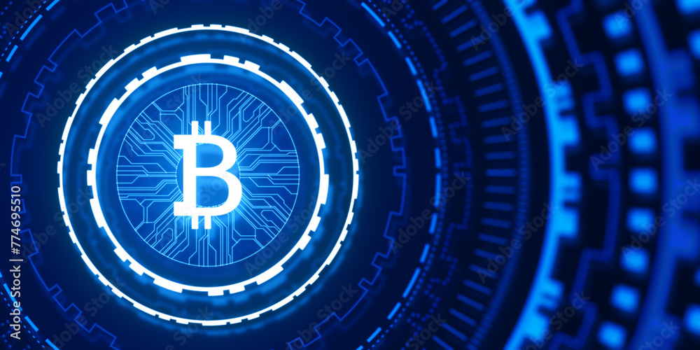 Poster Creative glowing round bitcoin hologram on dark background. Cryptocurrency and finance concept. 3D Rendering. 3D Rendering.