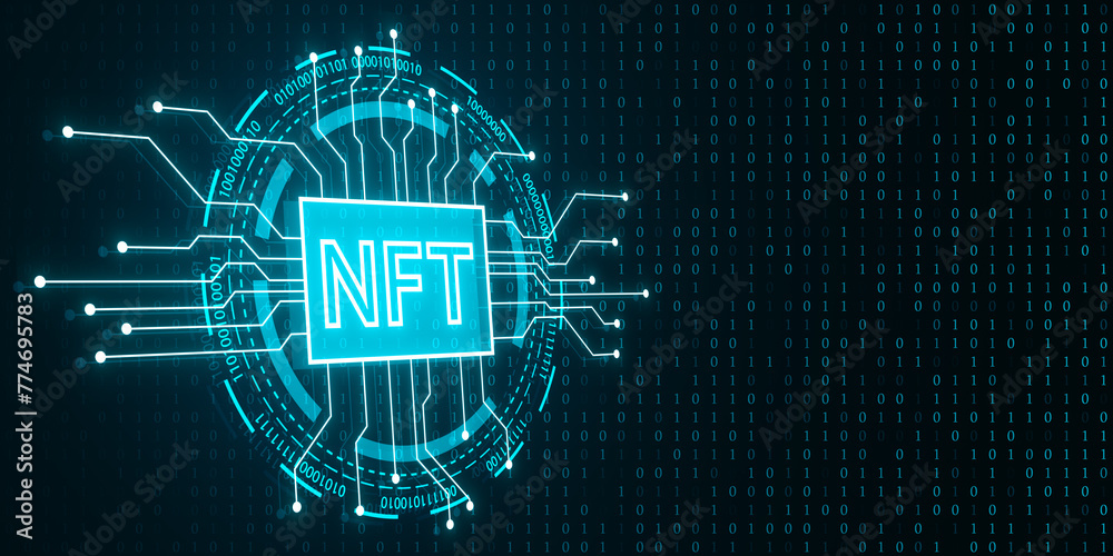 Poster creative glowing blue nft circuit hologram on dark background with mock up place. non fungible token
