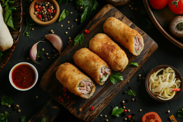 Fototapeta na wymiar Croquetas (breaded and fried rolls filled with ham, chicken, or mushrooms)