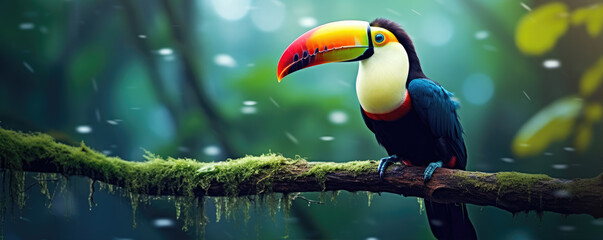 Fototapeta premium Toco toucan colorful bird (Ramphastos toco). Beautiful toucan bird in natural habitat. wide banner.