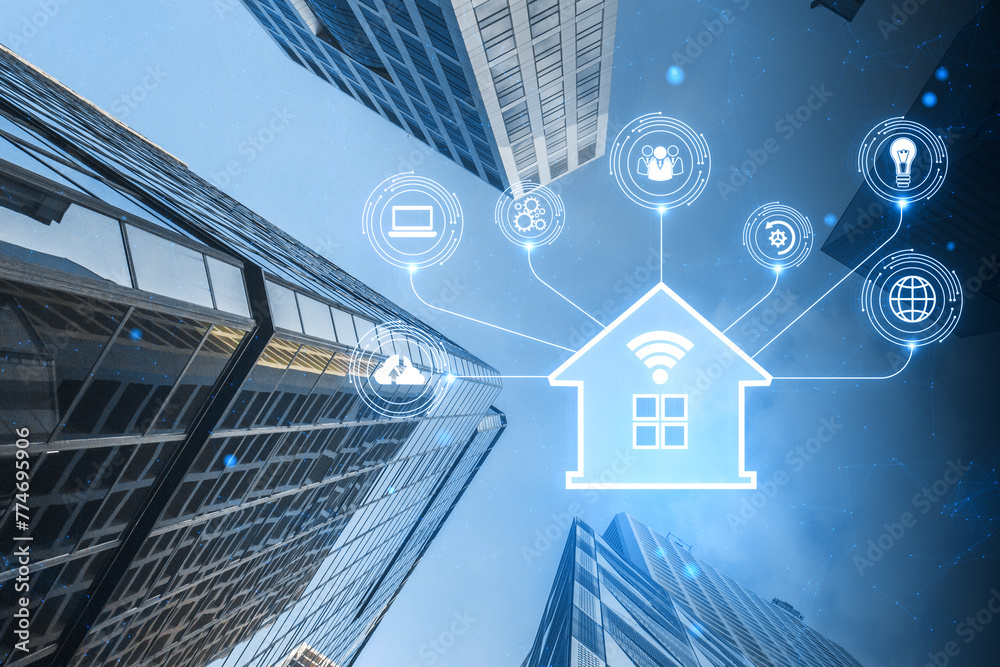 Poster creative smart house hologram on blurry city background. artificial intelligence and virtual assista