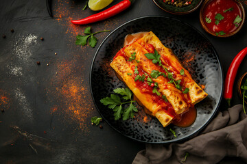 Enchiladas (corn tortillas rolled around a filling and covered with chili pepper sauce)
