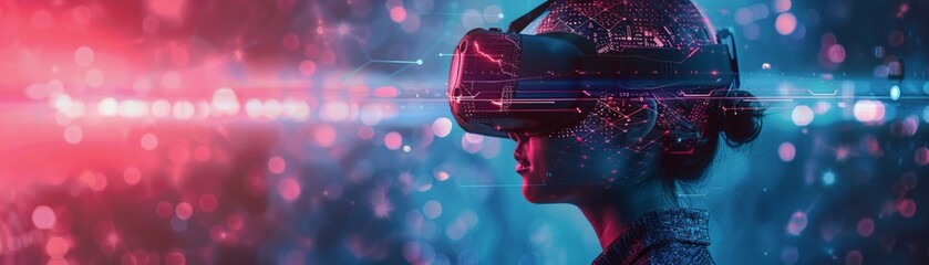 Person using braincomputer interface for virtual reality, immersive and dynamic, digital world exploration , sci-fi tone, technology - obrazy, fototapety, plakaty