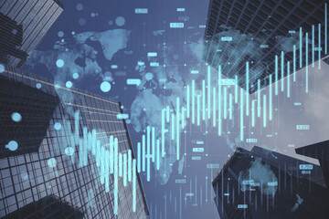 Abstract growing blue forex chart and map hologram on blurry city texture. Banking, invest and...