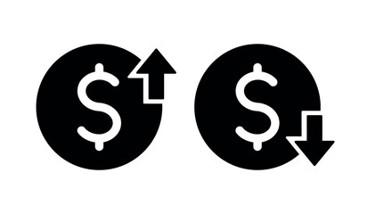 set of cost symbol dollar increase and decrease icon, money, dollar sign with arrow up and down rounded black vector icon