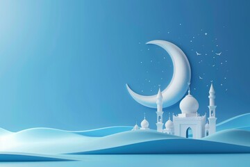 Obraz na płótnie Canvas 3d white moon with mosque, ramadan islamic concept background., copy space for text , blue color solid clean background