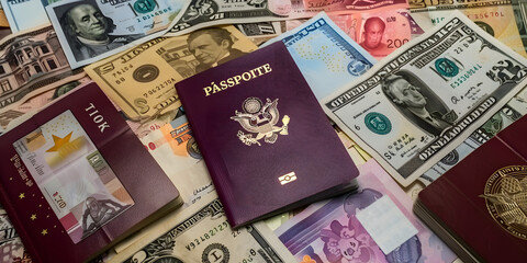 Título Passaporte cercado por várias moedas internacionais