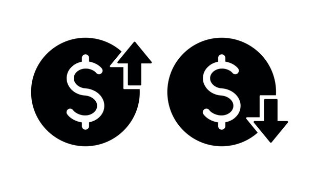 set of cost symbol dollar increase and decrease icon, money, dollar sign with arrow up and down rounded black vector icon