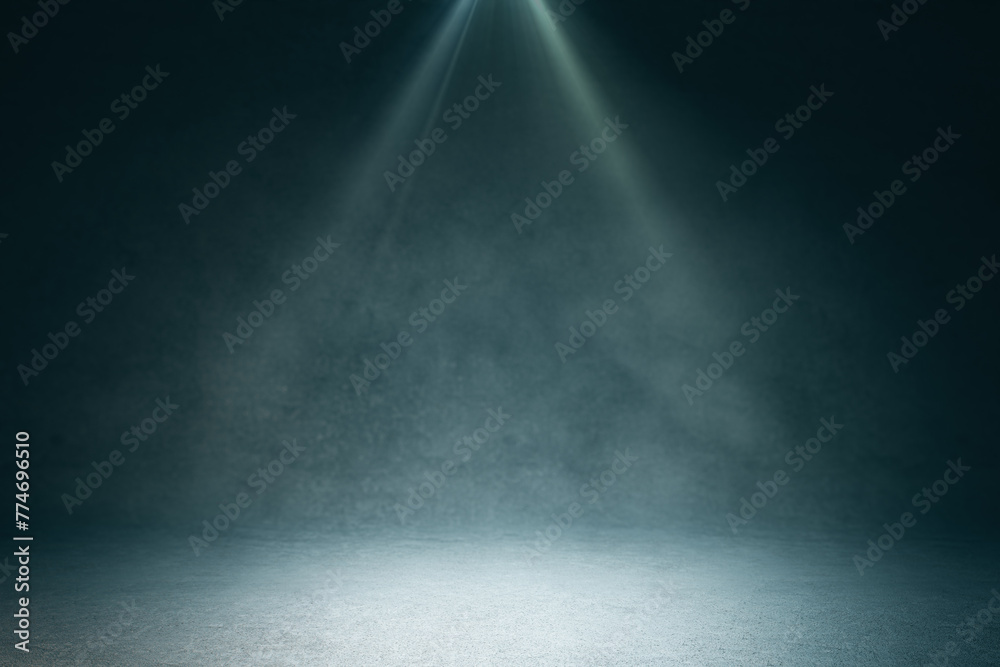Poster dramatic light beams on dark stage with smoke, ideal for performance and announcement background. 3d