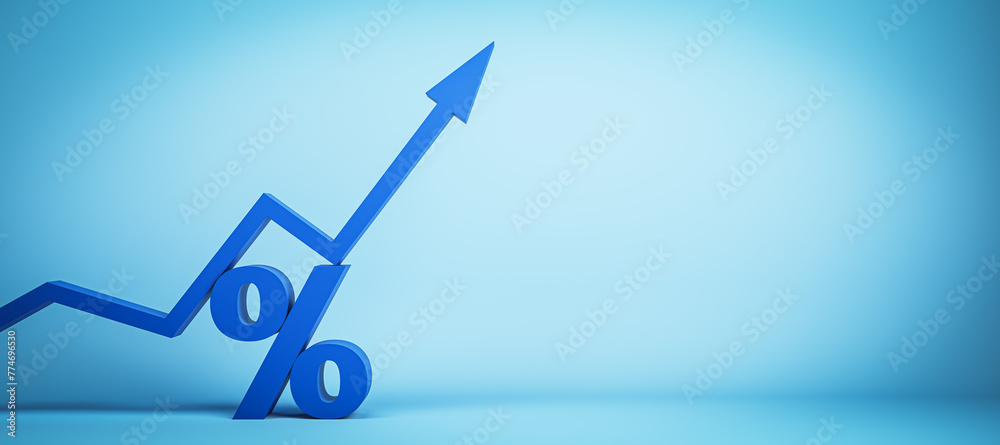 Poster increasing percentage icon on wide concrete background with mock up place. blue arrow and percent si
