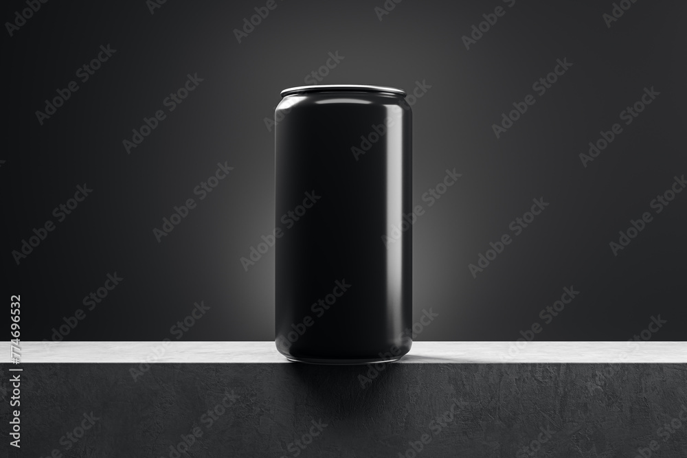 Poster Empty white drink can on light background with mock up place. Beverage and food ad concept. 3D Rendering.