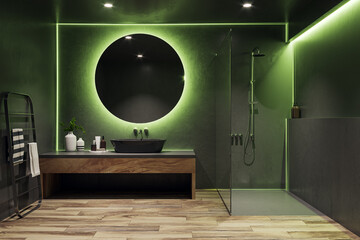 Chic bathroom interior with ambient lighting and round mirror. Modern luxury design. 3D Rendering