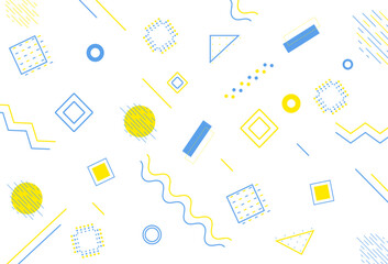 Set of Memphis design elements. Vector abstract geometric lines with shades of blue and yellow.