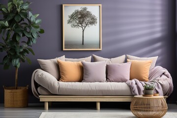 stylist and royal Patterned pillow on grey corner sofa in living room interior with plant and poster