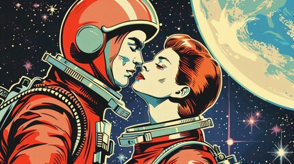 Retro astronaut couple, pop art style, romantic and whimsical, sharing a moment on a spacewalk with Earth in view , Bright and Airy