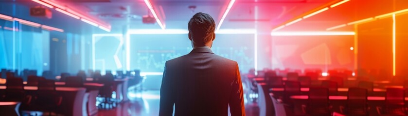 Sales pitch, minimalist geometric suit, highcontrast lighting, persuasive and focused modern conference room , sci-fi tone, technology