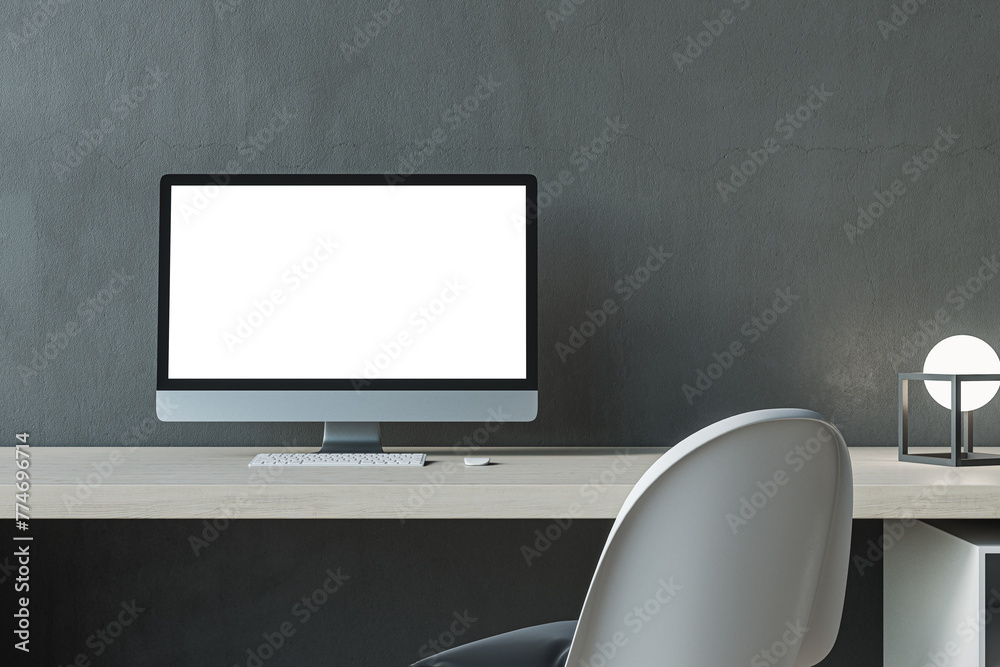 Poster close up of contemporary white mock up computer screen at modern designer office workplace in interi