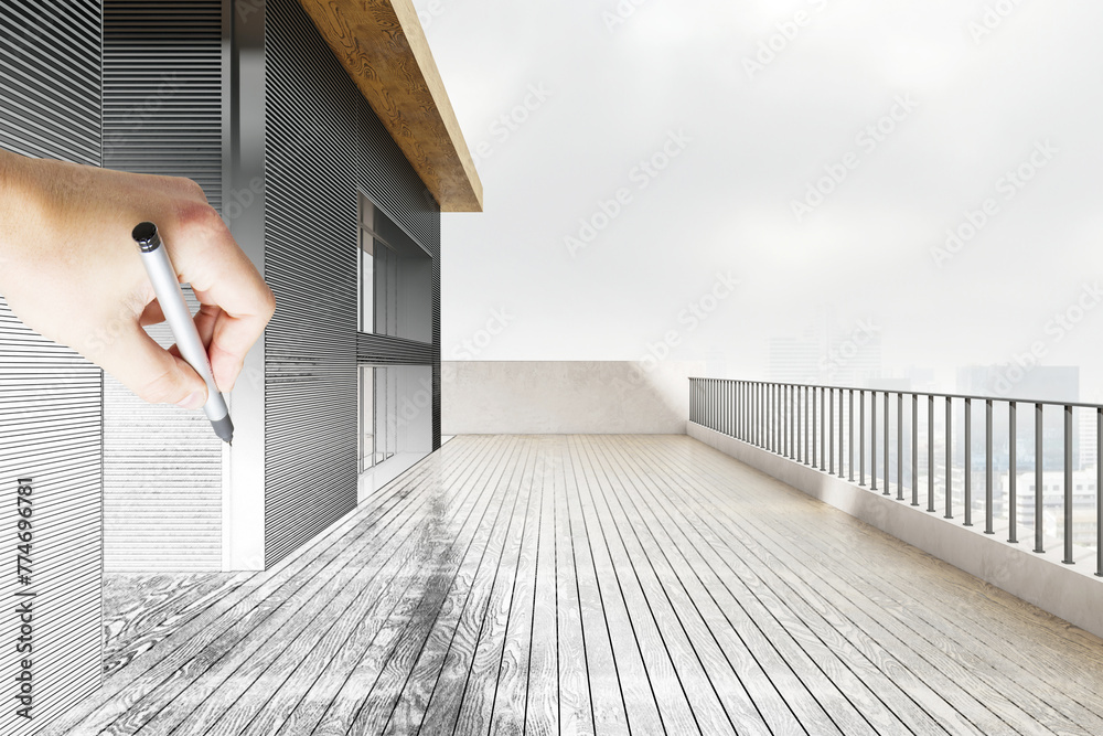 Poster creative process of architectural design with a hand sketching over a modern balcony. innovation con