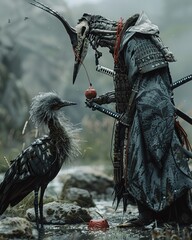 Samurai and emu facing off, bone armor detailing, dramatic and cinematic, tensionfilled setting , sci-fi tone, technology