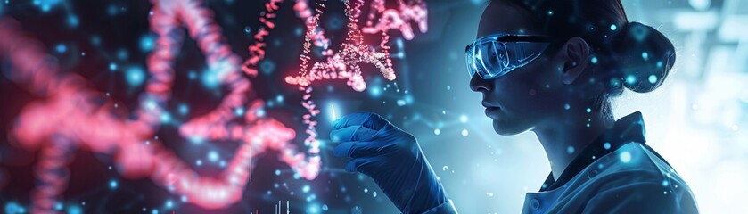 Scientist examining CRISPRCas9 mechanism, futuristic biotech attire, molecular manipulation illustration, focused and innovative research facility , sci-fi tone, technology
