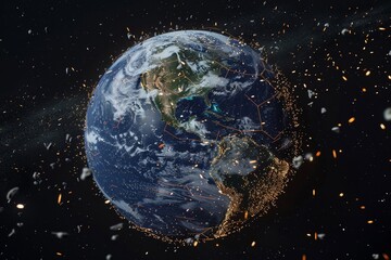 Satellite view of Earth, overlaid with trajectories of space junk, hightech and informative, showing dense debris orbits