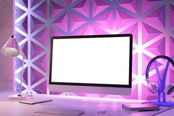 A modern workspace with a blank computer screen, desk lamp, keyboard, and headphones, set against a geometric purple background. 3D Rendering