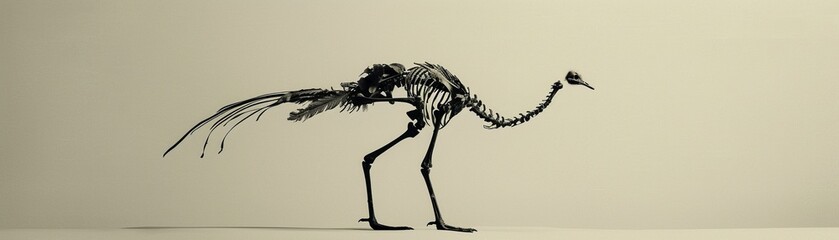 Skeleton of an emu in samurai pose, anatomical study style, minimalist and intriguing, educational environment , sci-fi tone, technology