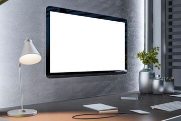 A modern workspace with a blank computer screen on a desk, realistic style, grey background, concept of a workplace. 3D Rendering