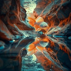 Slot canyon shaped like a goldfish, earthy tones, serene and majestic natural environment , sci-fi tone, technology