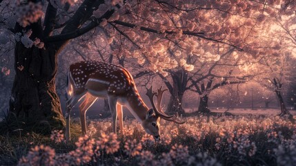 Horned deer graze in a field surrounded by cherry trees that glow at night.