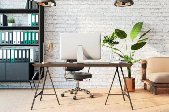 A modern office interior with a desk, computer, armchair, and decorative plants against a white brick wall, embodying a professional workspace. 3D Rendering
